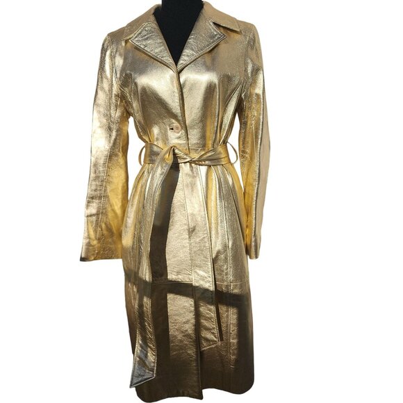 Glamorous Gold Metallic REAL Genuine Soft Leather Designer Jacket Coat Trench NW - Picture 3 of 16